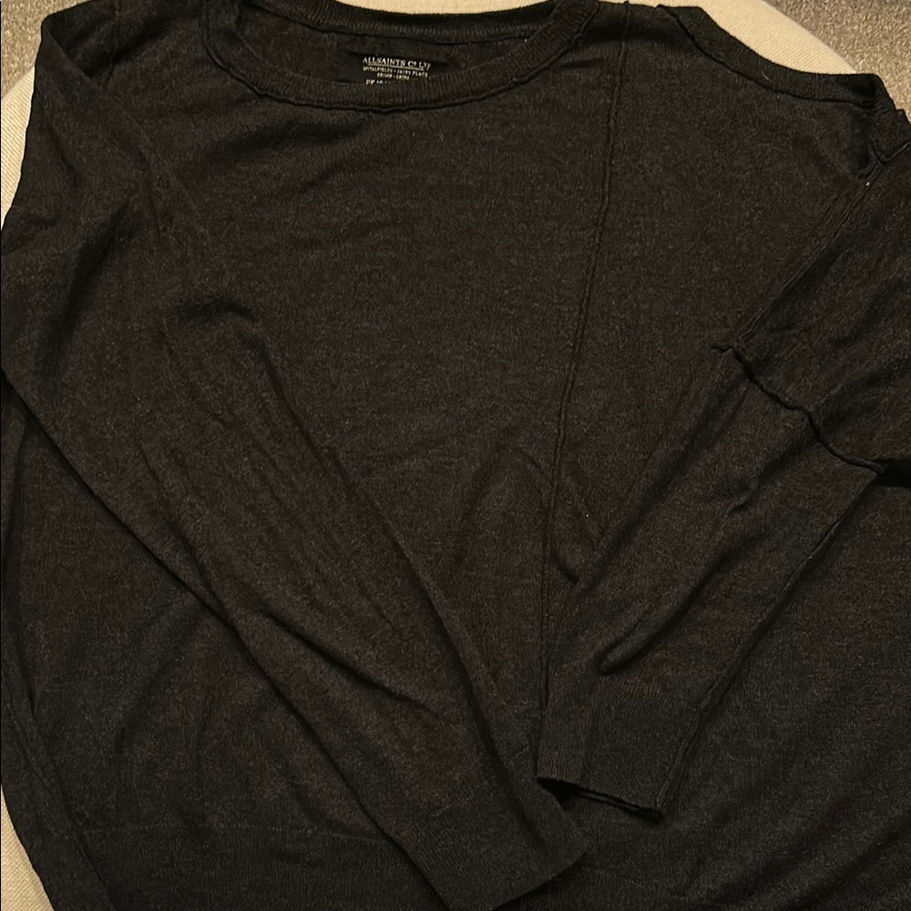All Saints Dark Gray Crew Neck Sweater with key hole shoulder